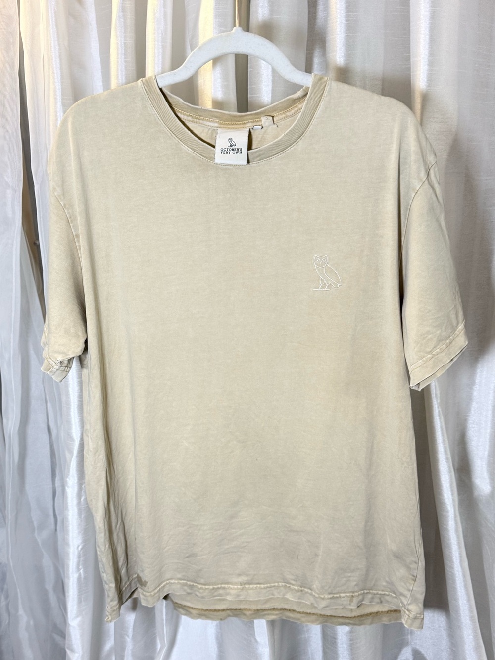 OVO Men's Beige/Tan Crewneck T-Shirt with Embroidered Owl